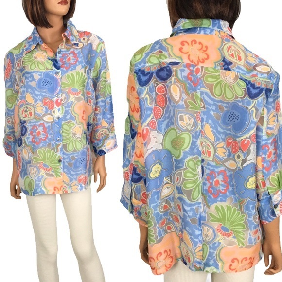 Choices Tops - Vintage 90’s Choices Floral Abstract Retro Top Sheer 1X Colorful Blue Orange